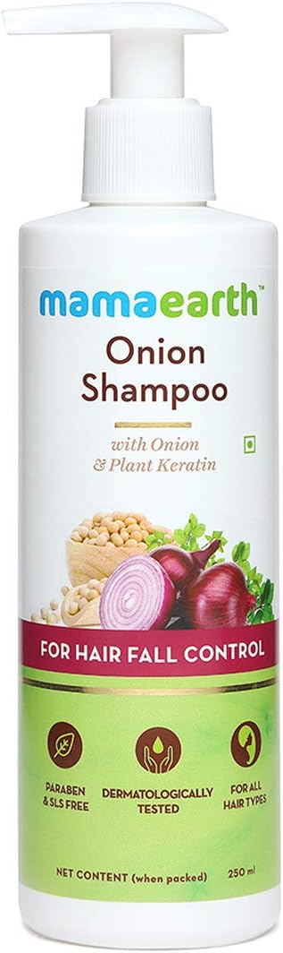 Mamaearth Onion Shampoo bottle for hair fall control with onion and plant keratin on a white background