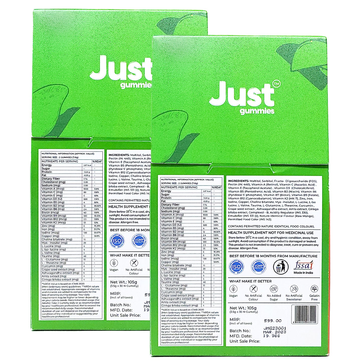 Just Gummies Multivitamin Raw Mango Flavour, 30 Gummies (Pack Of 2)