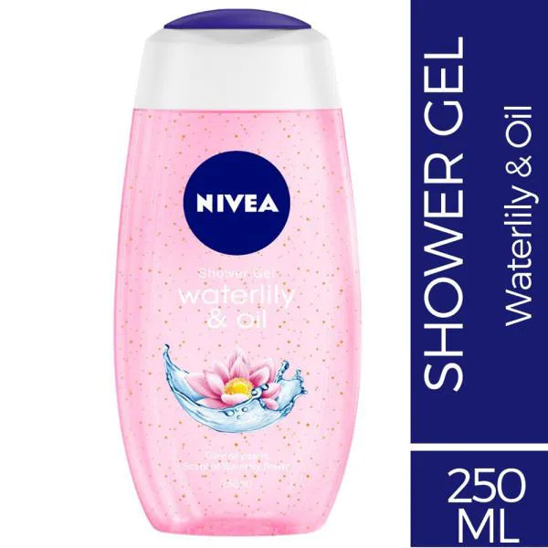 Nivea shower gel bottle with pink body and blue cap on a white background