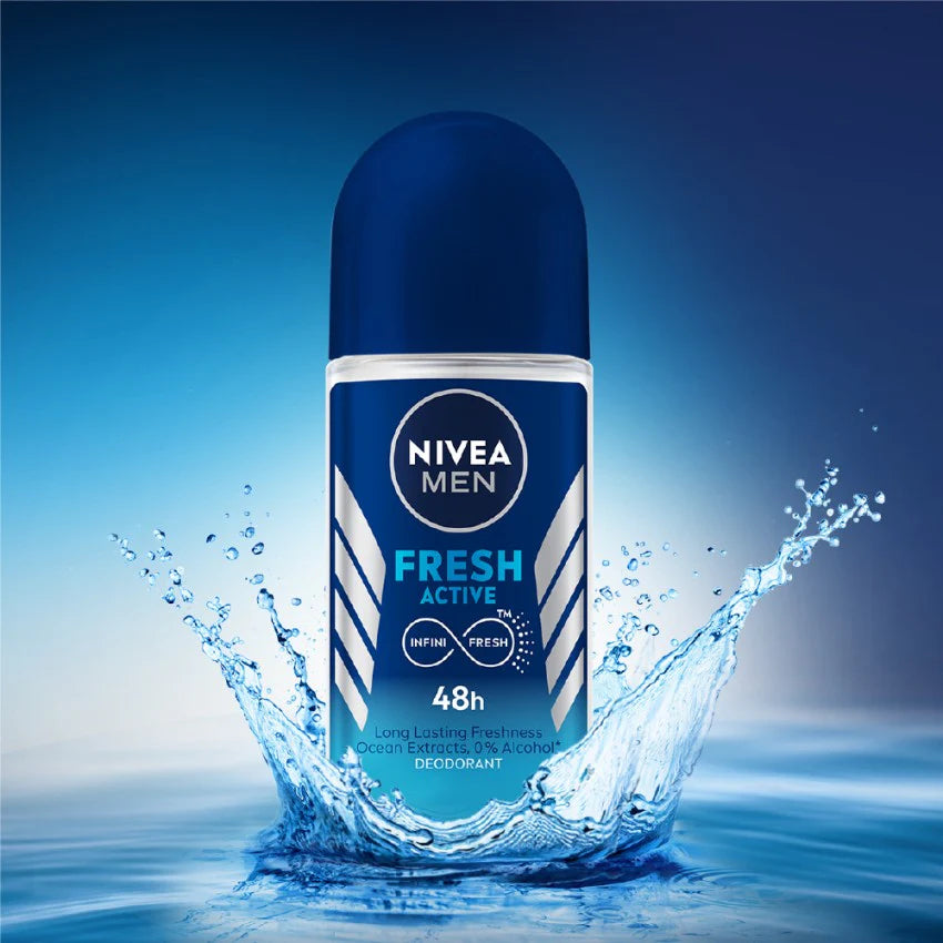 Nivea Men Fresh Active deodorant bottle with water splashes on a blue background