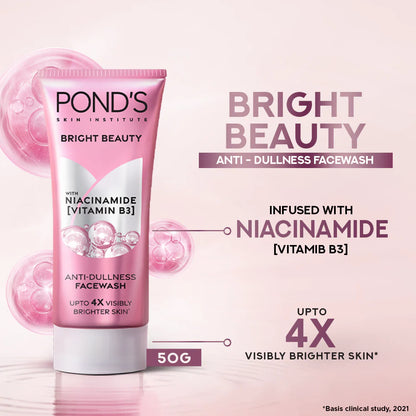 Pond's Bright Beauty Anti-Dullness Facewash tube with product details on a pink background