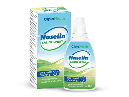 Cipla Health Naselin Saline Spray bottle and packaging on a white background