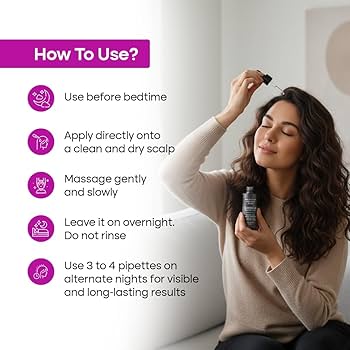 A woman applies a hair treatment from a black bottle to her scalp while reading an 'How To Use?' instruction graphic with purple icons and text on a light indoor background.