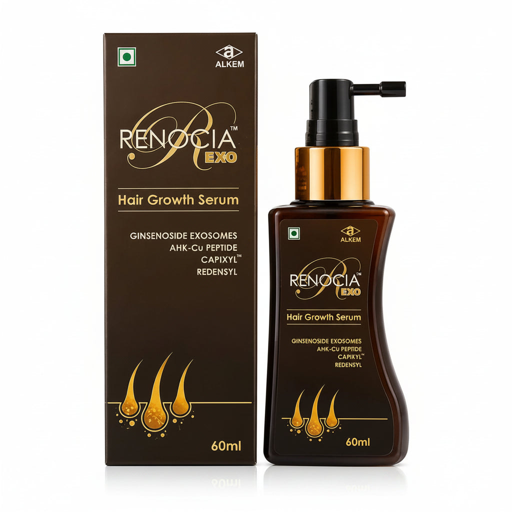 Alkem Renocia Exo Hair Growth Serum bottle and its matching brown packaging box on a white background.