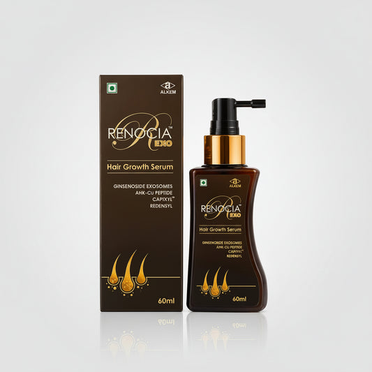 Alkem Renocia Exo Hair Growth Serum bottle and its matching brown packaging box on a white background.