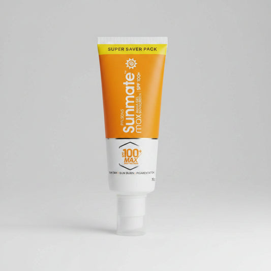 A squeeze tube of Sunsate Max Aqua Gel Sunscreen SPF 100+ in a Super Saver Pack, featuring a bright orange and white design with a clear cap.