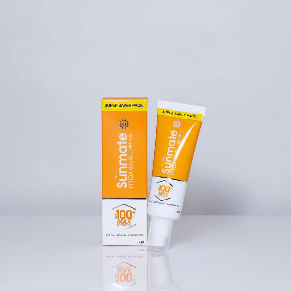 Sunmate Max SPF 100+ sunscreen in a squeeze tube with its matching retail box, both featuring orange and white packaging, set against a plain white background with a subtle reflection.