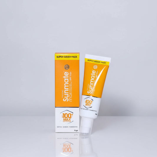 Sunmate Max SPF 100+ sunscreen in a squeeze tube with its matching retail box, both featuring orange and white packaging, set against a plain white background with a subtle reflection.