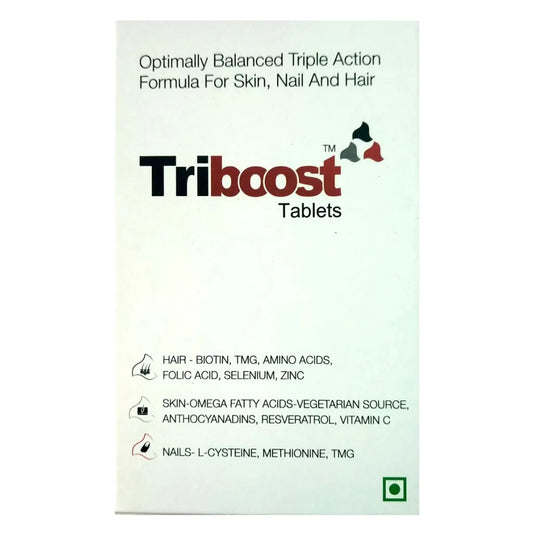 Tribostock tablets packaging with product details on a white background