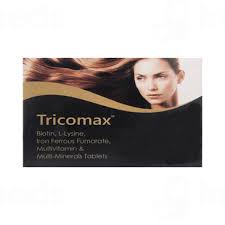 Tricomax hair supplement box packaging, featuring a model with long brown hair on the left and a black background with white text on the right.