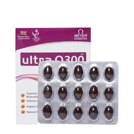 Supplement package with dark brown capsules and a purple and white label on a white background