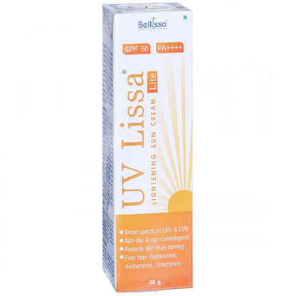 Box of UV Lissa sunscreen cream with SPF 50 on a white background