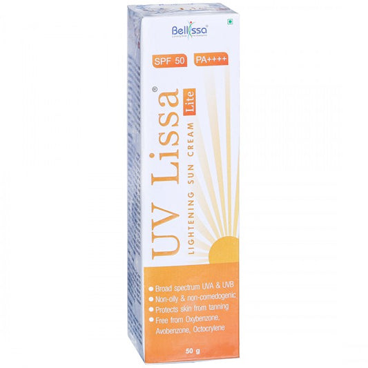 Box of UV Lissa sunscreen cream with SPF 50 on a white background