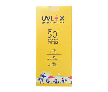 UVLOX sunscreen packaging with SPF 50+ on a white background