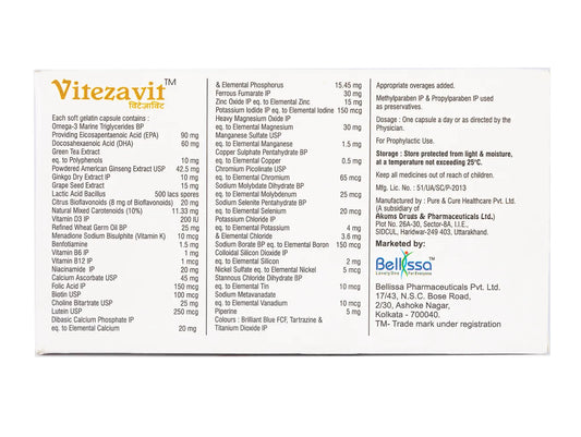 Vitezavii supplement packaging with detailed ingredient list on a white background