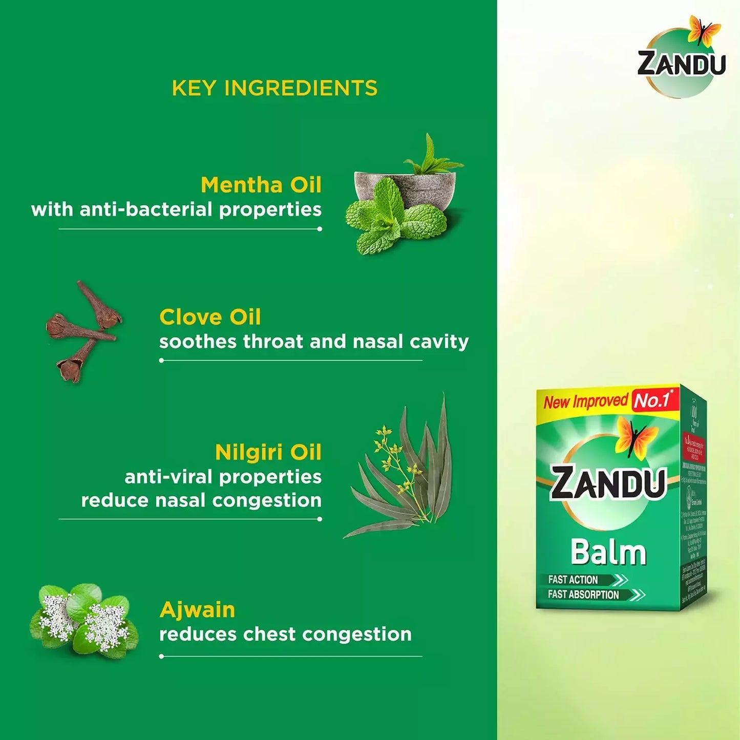 Zandu Balm packaging with key ingredients listed on a green background