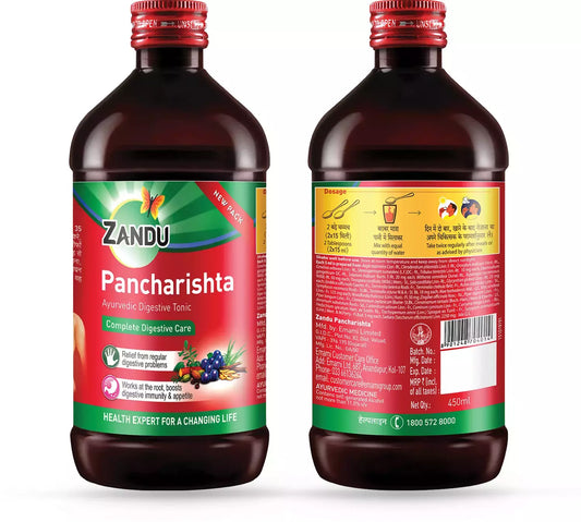Two bottles of Zandu Pancharishta on a white background