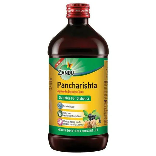 Bottle of Zandu Pancharishta on a white background