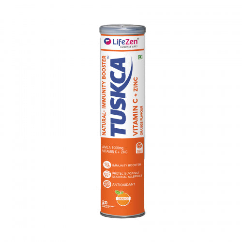TUSKCA Vitamin C 1000 Amla + Zinc Effervescent Orange Flavor, 20 Tablets