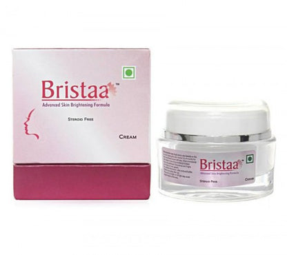 Bristaa Advanced Skin Brightening Formula cream in a white jar with a pink label, alongside its pink packaging box.