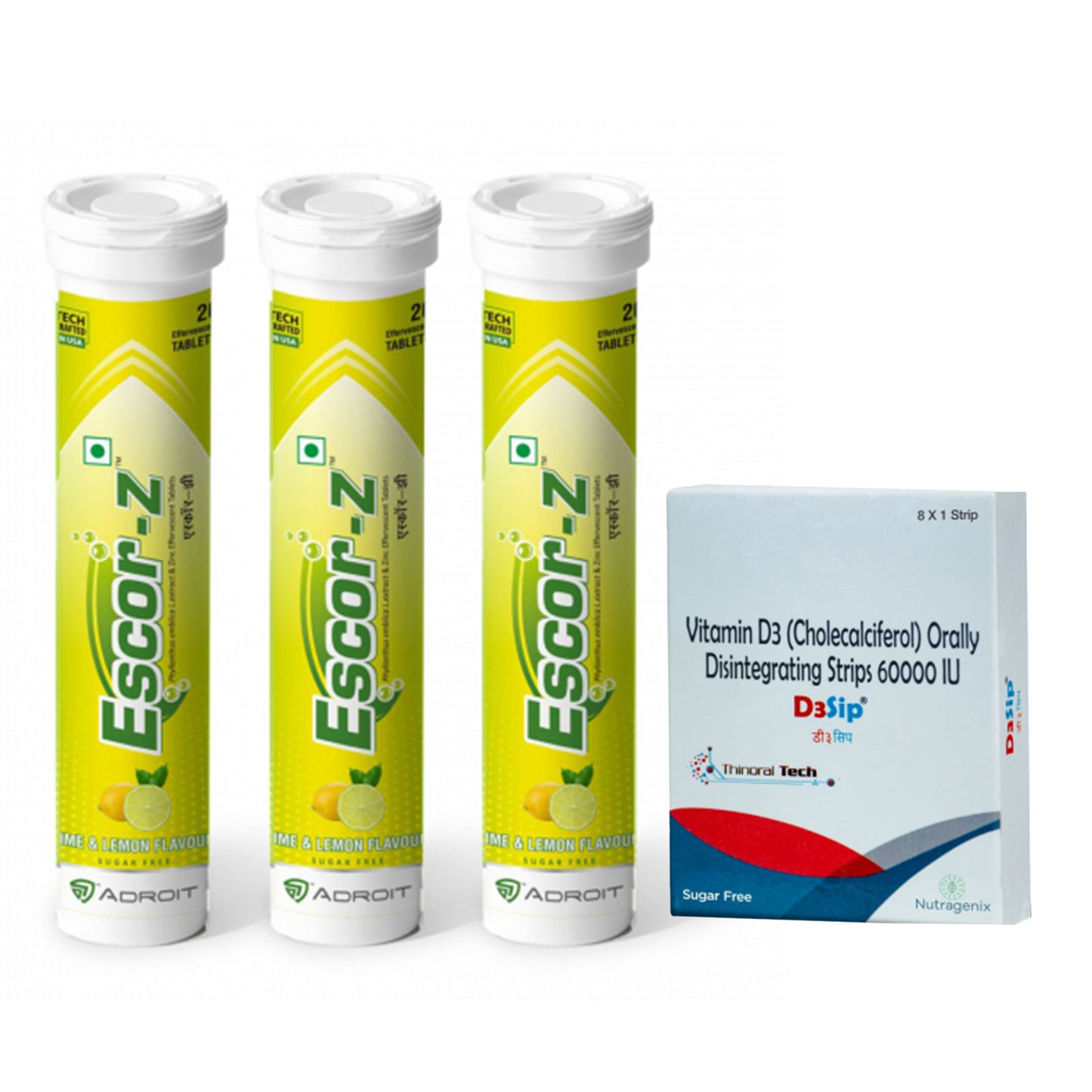 Escor-Z Effervescent Tablets Lime and Lemon, 60s with D3sip, 8 Orally Dissolving Films