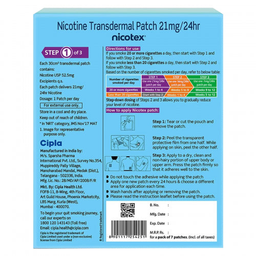 Nicotex Nicotine Patch 21mg, 7 Patches (Step 1 Pack)