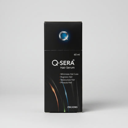 A box of Q-Sera Hair Serum, 60ml, with the product's benefits listed and the Q-Sera logo visible.
