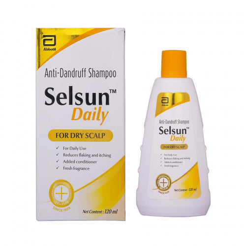 Packaging and bottle of Selsun Daily anti-dandruff shampoo for dry scalp, 120ml.