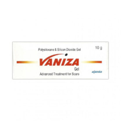 Packaging of Vaniza Gel, showing the brand name and the text 'Advanced Treatment for Scars', with a weight indication of 10 gm.